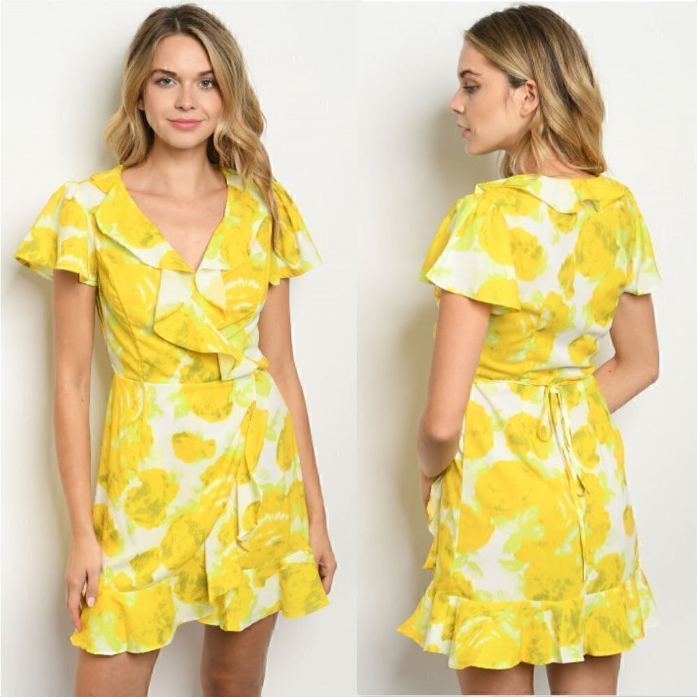 Yellow Floral Mini Wrap Dres